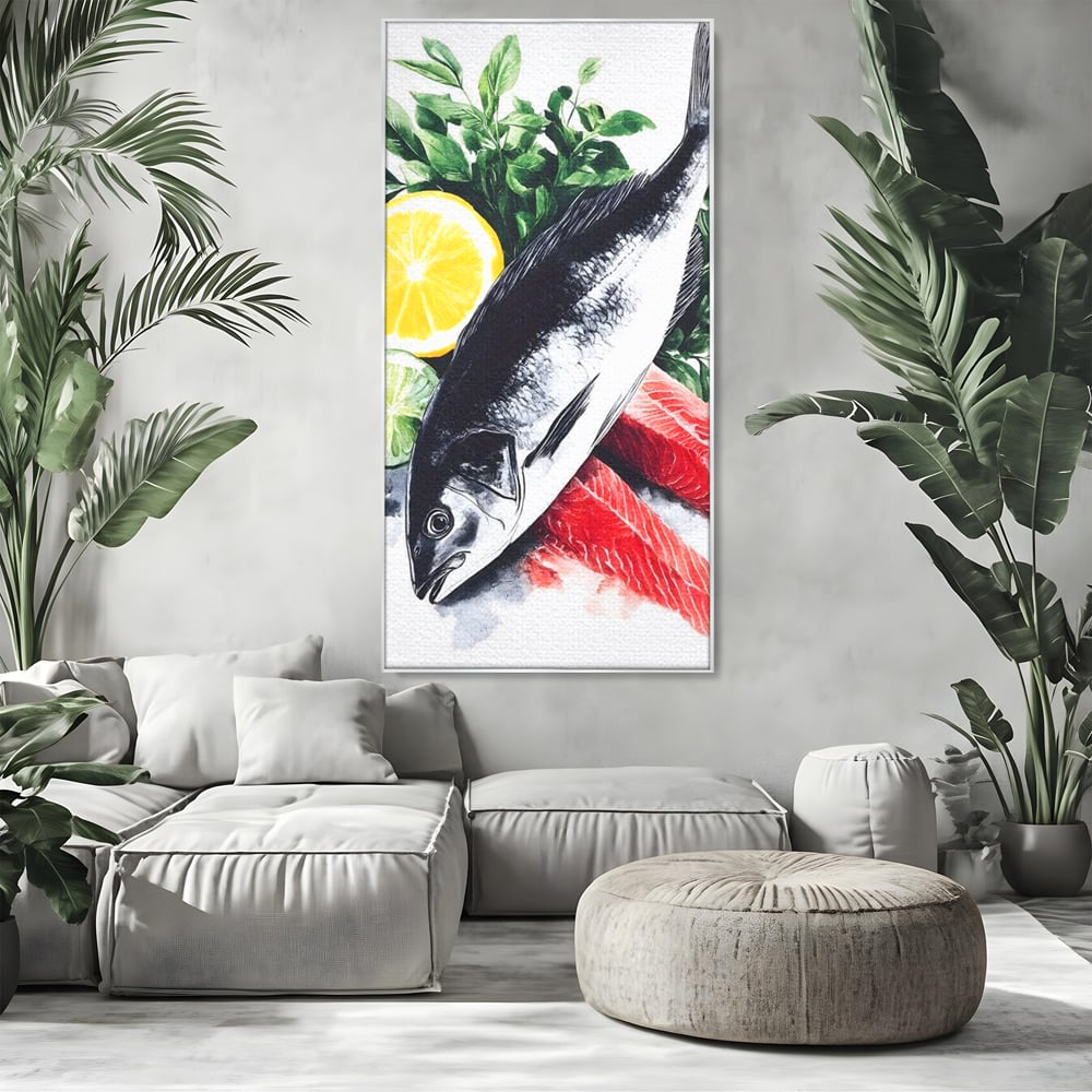 Tablou canvas cu ilustratie cu peste intreg si fileuri, in rama de aluminiu argintiu, pe perete intr-un living
